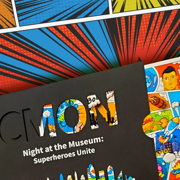 CMON Superhero laser diecut nonprofit invitation