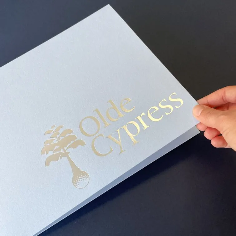 Dull silver foil stamped blue folder