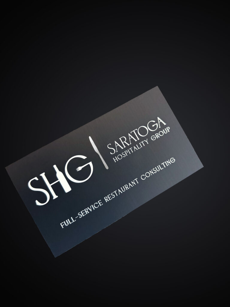 Saratoga hospitality group business card silver foil