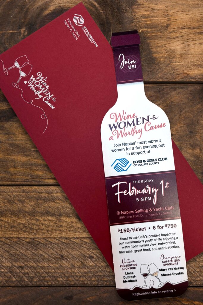 Boys and girls club wine bottle shaped invitation copy
