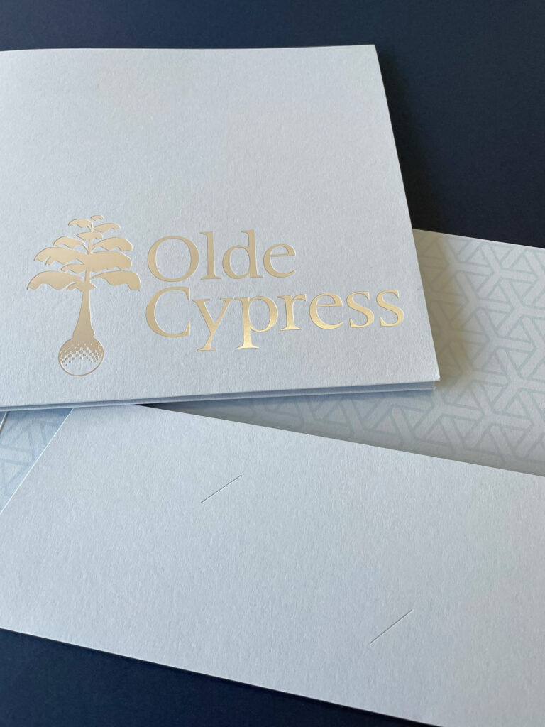 Dull silver foil stamped blue presentation folder