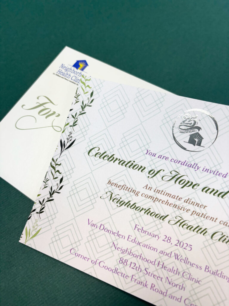 Neighborhood health invitation silver foil sfot touch